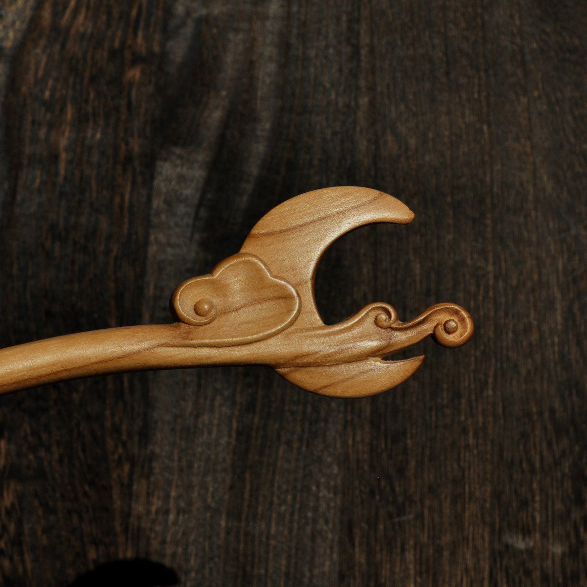 Bacchetta per capelli in legno di pesco naturale - Design nuvola lunare primaverile autunnale #春秋月云