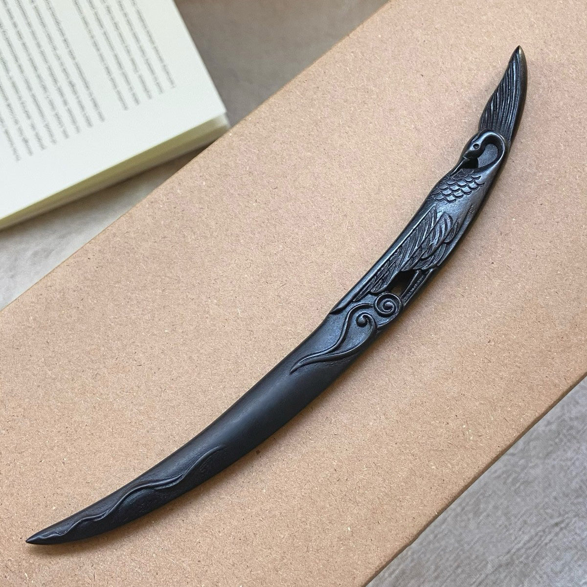 Fermaglio per capelli in legno nero africano naturale - Gru e Luna Design 18cm #鹤语松上月