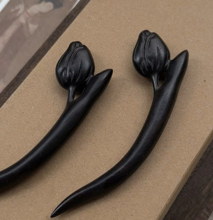 Natural African Blackwood Hair Stick - Tulip Flower Design 12cm #郁金香