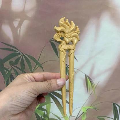 Ensemble de bâtonnets à cheveux en bois naturel - Épingle à cheveux renard à neuf queues en forme de U de 17 cm (九尾狐凤九)