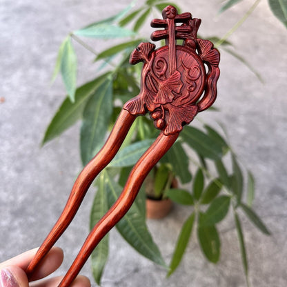 Natural Wooden Hair Stick Set - 17cm U Shape Moon Lute Hairpin (月琴)