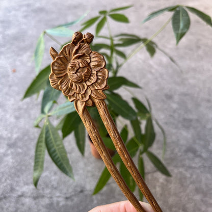 Set di bastoncini per capelli in legno naturale - Forcina per capelli a forma di U Peonia (富贵牡丹) da 17 cm