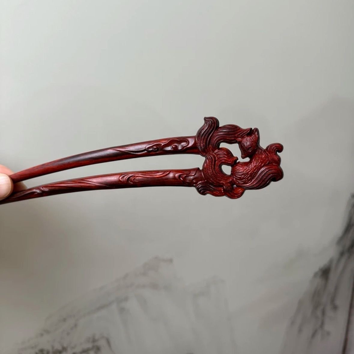 Natural U shape hair stick set in rosewood, African Blackwood, and boxwood with little fox design, 17cm smooth uncoated wooden hair pins