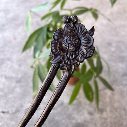 Set di bastoncini per capelli in legno naturale - Forcina per capelli a forma di U Peonia (富贵牡丹) da 17 cm