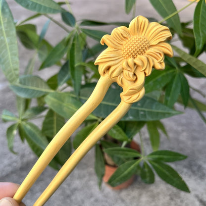 Natural Wooden Hair Stick Set - 17cm U Shape Sunflower Hairpin (向日葵)