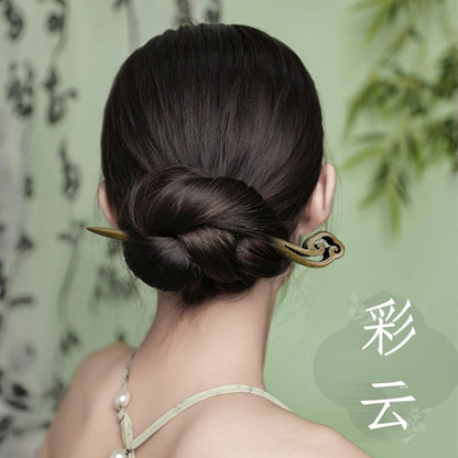 Woman Wearing Green Sandalwood Hair Stick in Braided Updo - Natural Wood Hairpin