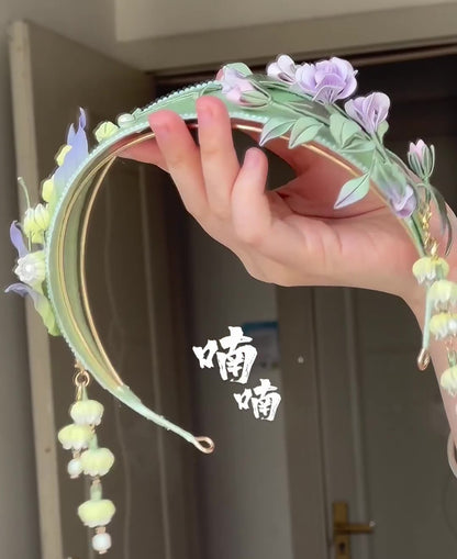 Handmade Lily of the Valley and Rose Chanhua Headband - Artisanal Floral Crown Accessory
