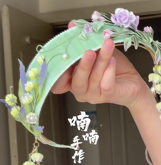 Handmade Lily of the Valley and Rose Chanhua Headband - Artisanal Floral Crown Accessory
