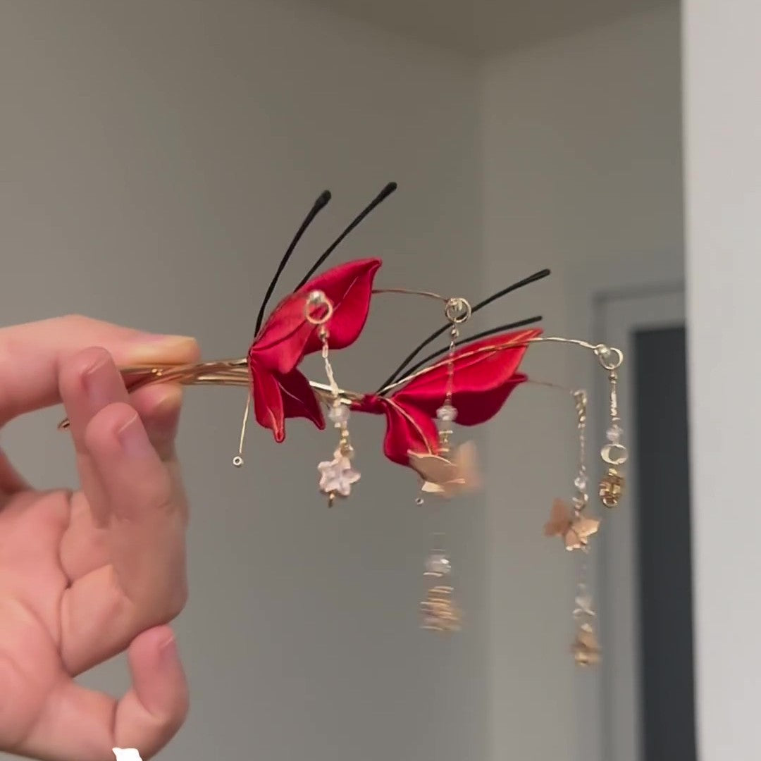 Handmade Red Butterfly Chanhua Hairpin - Artisanal Thread-Wrapped Floral Accessory