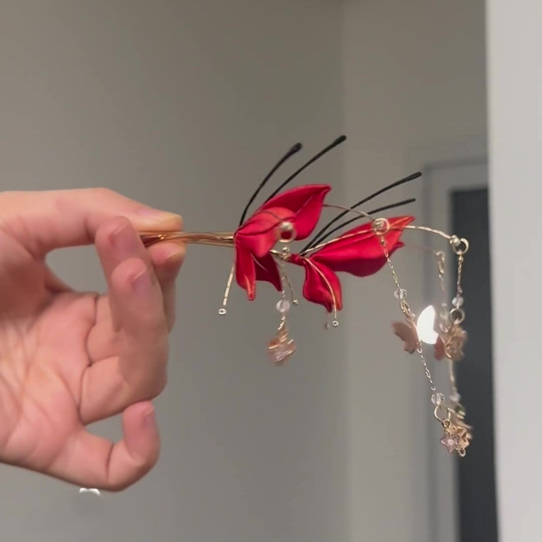 Handmade Red Butterfly Chanhua Hairpin - Artisanal Thread-Wrapped Floral Accessory
