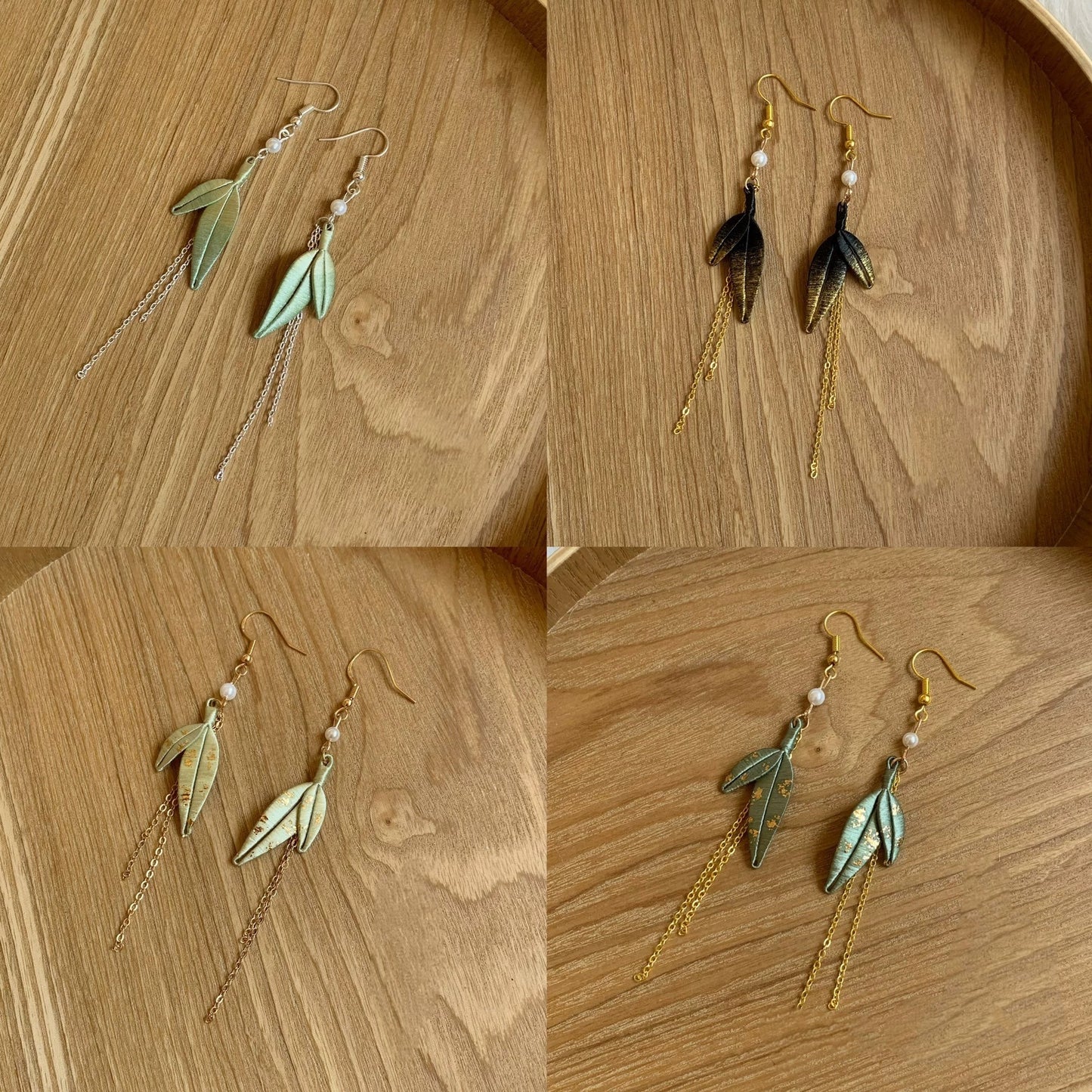 Boucles d'oreilles faites à la main Feuilles de bambou - Boucles d'oreilles en soie (Chanhua)