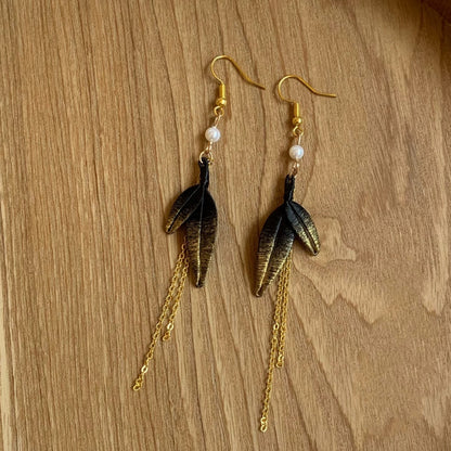 Boucles d'oreilles faites à la main Feuilles de bambou - Boucles d'oreilles en soie (Chanhua)