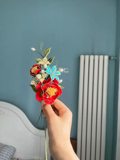 A handmade Chanhua hairpin and brooch with red flowers, green leaves, white flowers, a blue butterfly, and pearls-5