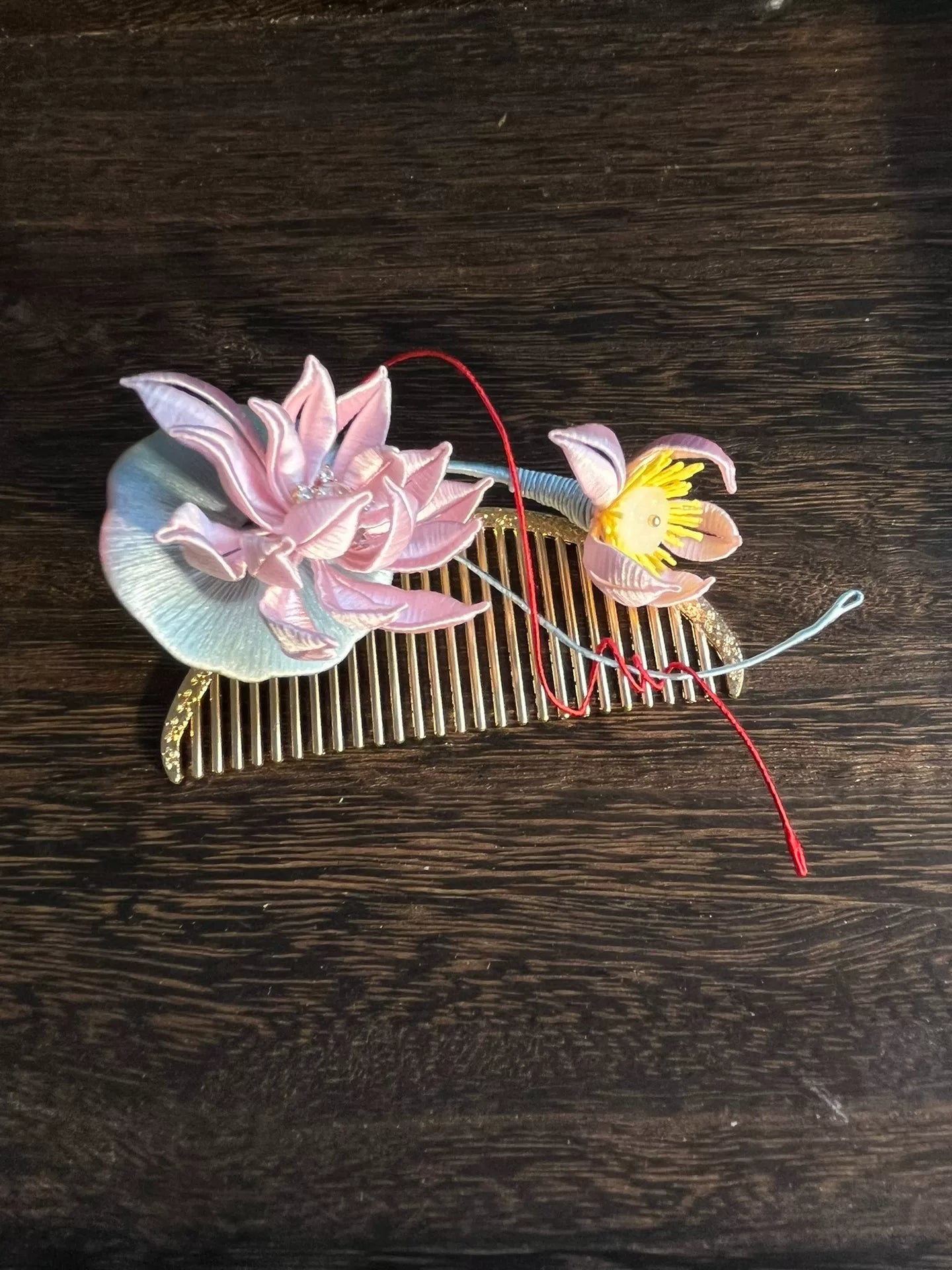 Handmade Chanhua lotus hair comb with pink and yellow flowers-5