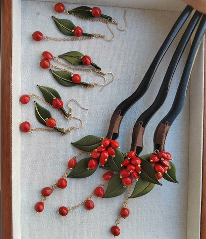 Handmade Chanhua Thread-Wrapped Red Bean Jewelry Set - Elegant Earrings & Hairpins