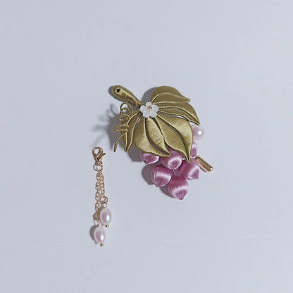Handmade Chanhua Grape Brooch - Gold Leaf with Pearl Drop