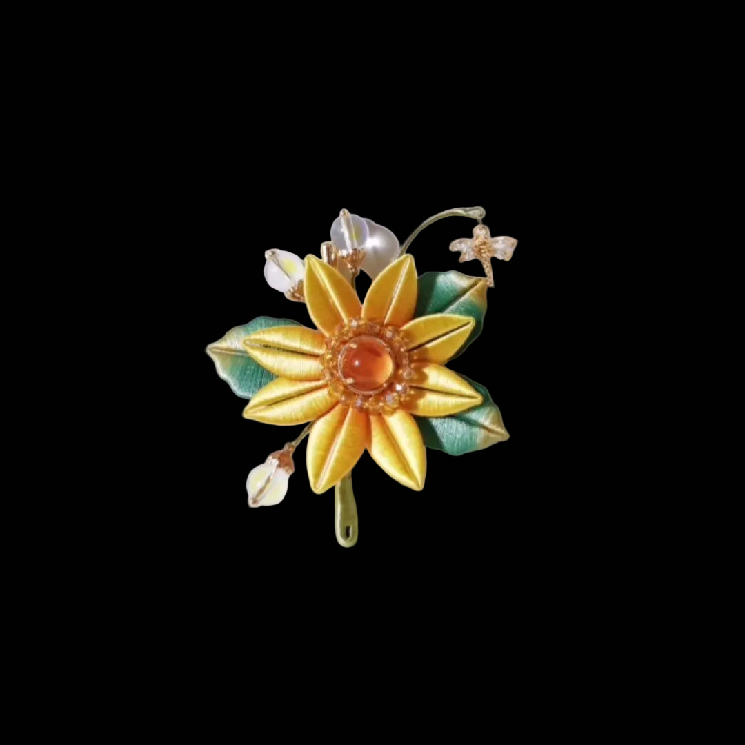 Spilla a girasole Chanhua fatta a mano - Accenti in cristallo e pietra di luna