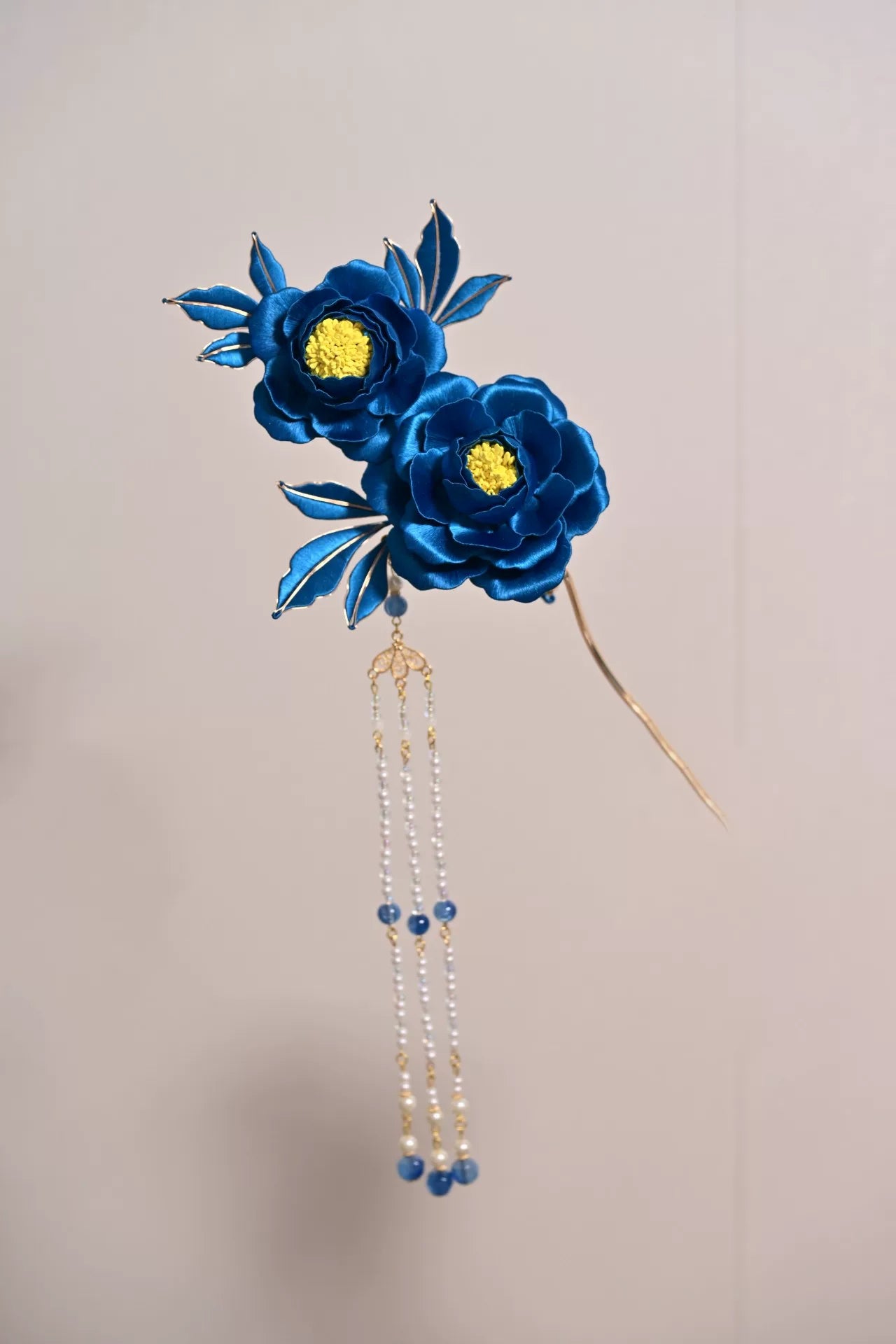 Blue September Peony Handmade Chanhua Hairpin with tassel-2