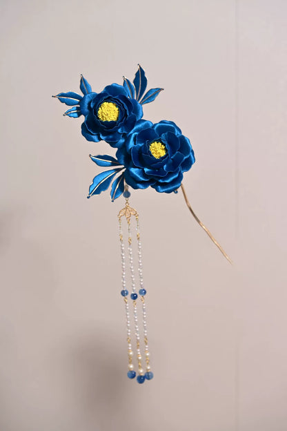 Blue September Peony Handmade Chanhua Hairpin with tassel-2