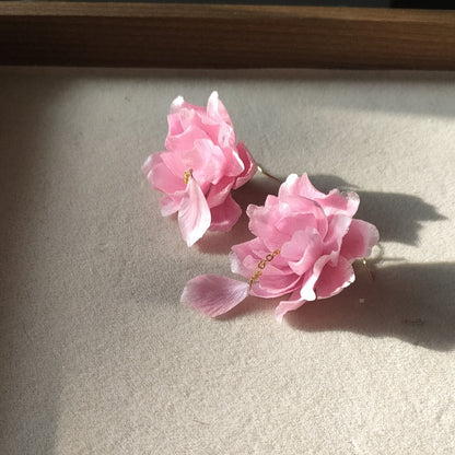 Handmade Cherry Blossom Ronghua Earrings - Artisanal Silk Floral Dangle Earrings