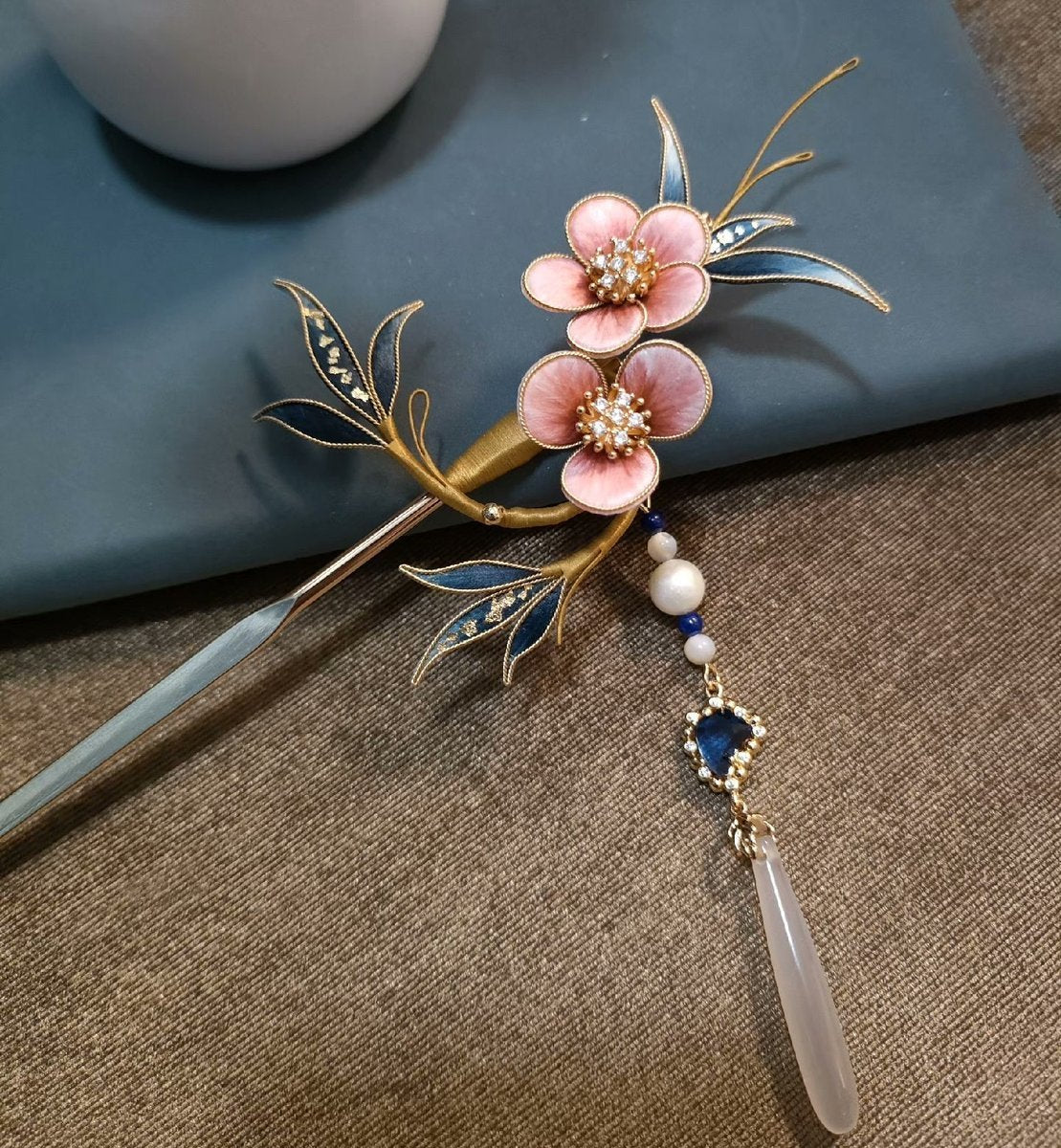 Handmade Ronghua Silk Velvet Pink Plum Blossom Hairpin