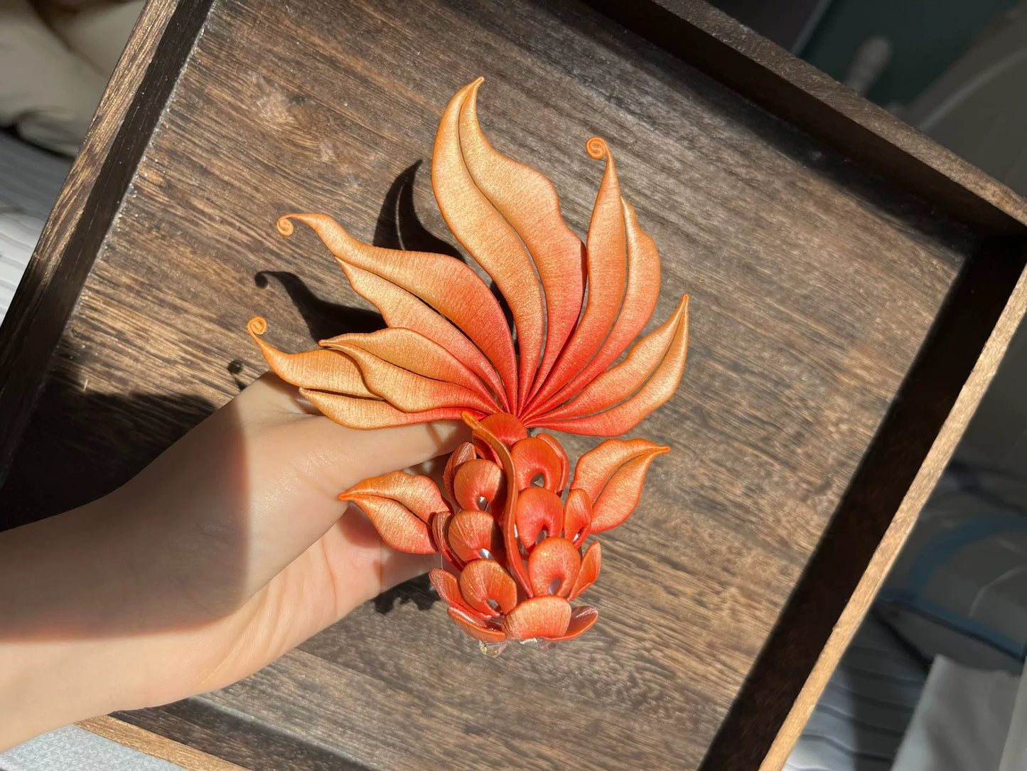 Handmade Chanhua dyed goldfish with orange - red color and flowing fins-2