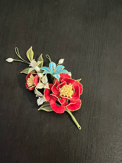 A handmade Chanhua hairpin and brooch with red flowers, green leaves, white flowers, a blue butterfly, and pearls-2