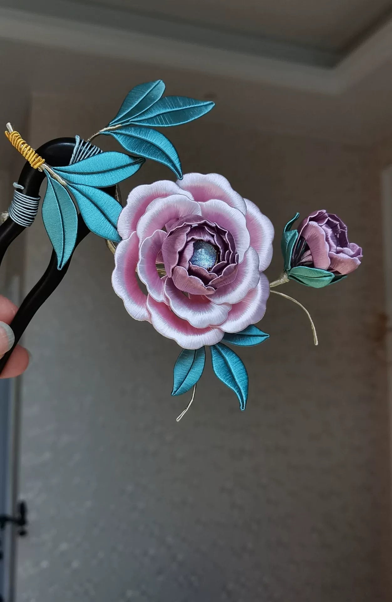 Handmade Chanhua peony hairpin with pink flower and blue leaves-5