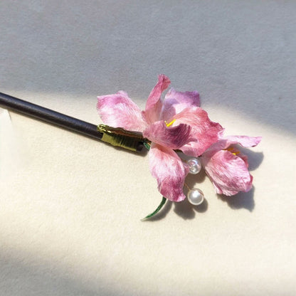 Handmade Pink Iris Ronghua Hairpin - Artisanal Silk Floral Hair Accessory
