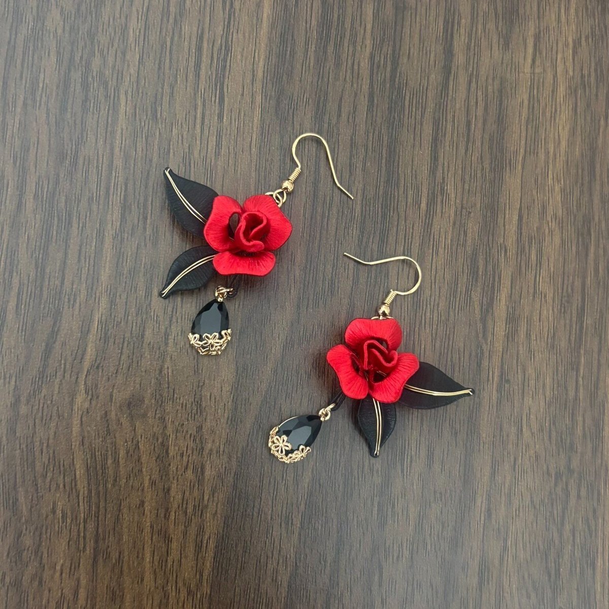 Handmade Chanhua Thread-Wrapped Dark Night Rose Earrings - Gothic Floral Dangles