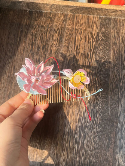 Handmade Chanhua lotus hair comb with pink and yellow flowers