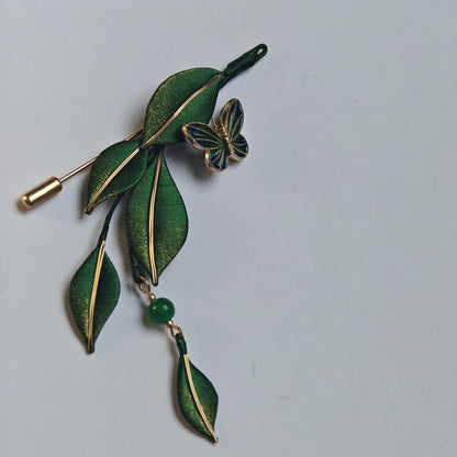 Handmade Thread-Wrapped Green Leaf Brooch - Artisanal Chanhua Botanical Pin