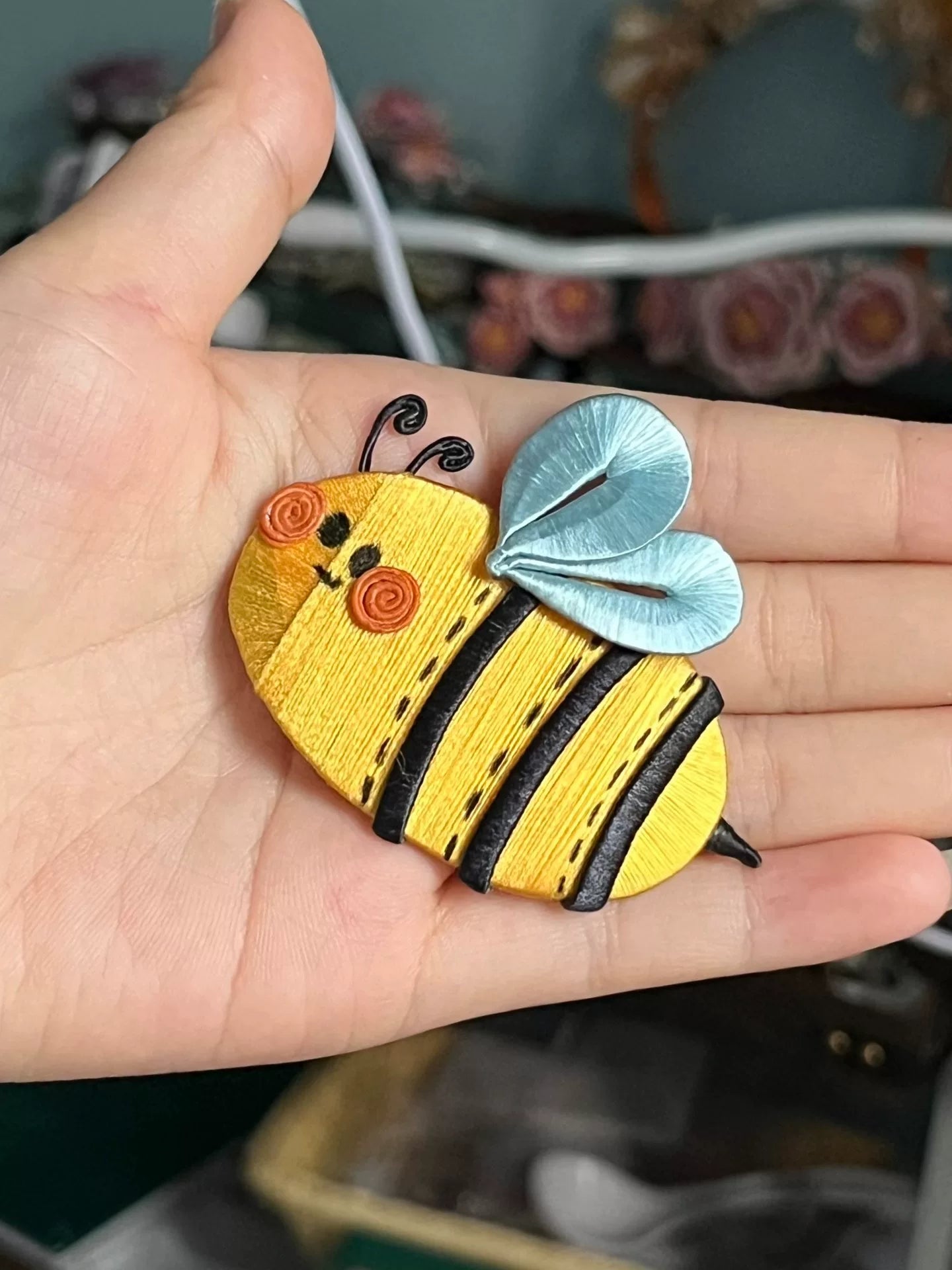 A handmade little bee hair clip that can be used as a brooch, with yellow - black body, blue wings, and cute eyes-4