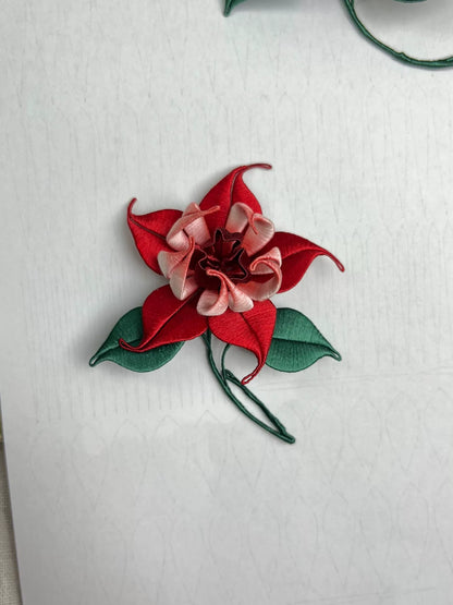 Handmade Chanhua Lu Chen Mandala Flower Brooch with red flower and green leaves-6