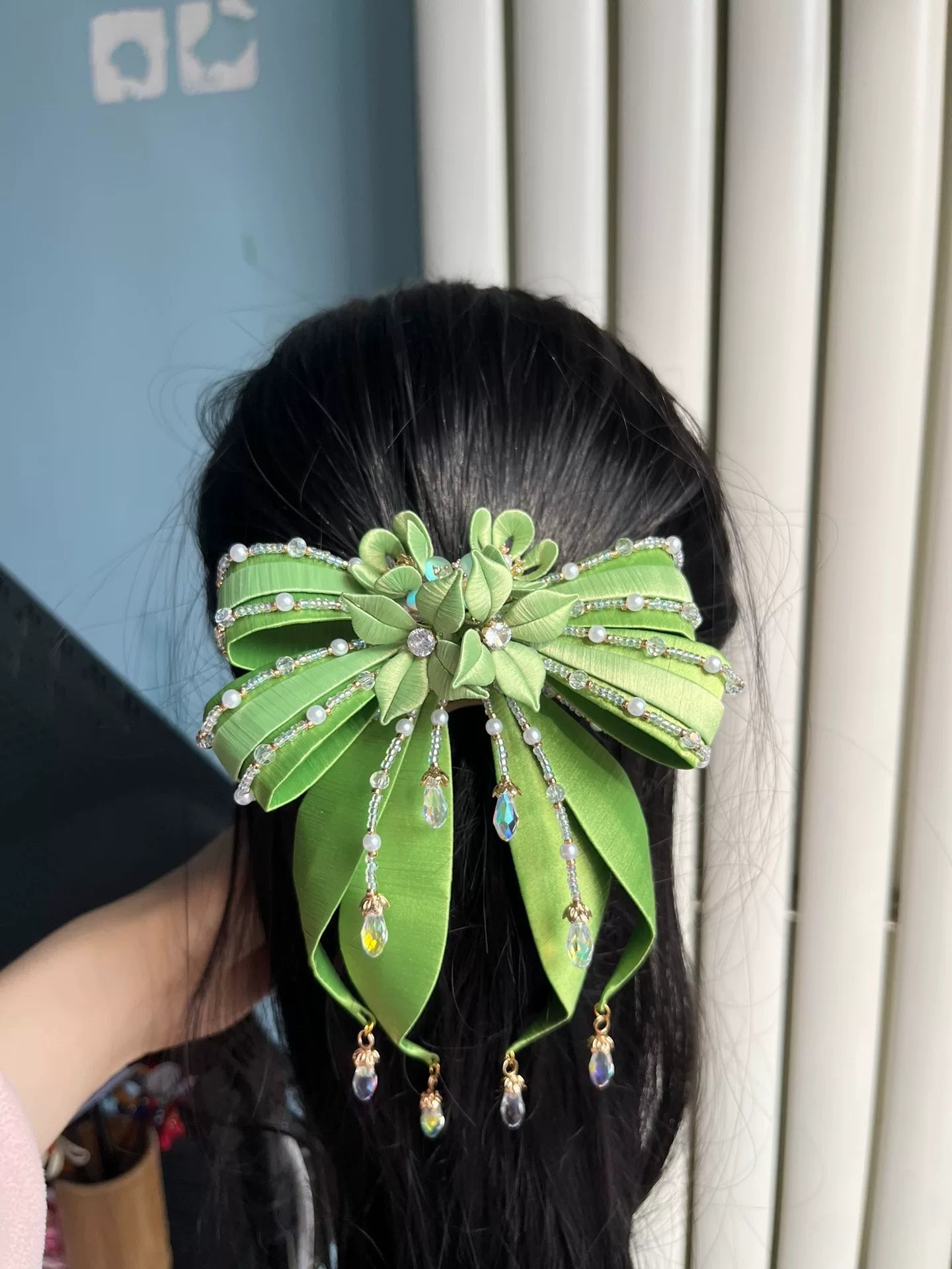 Large blue bow hairpin with Chanhua patterns and hanging tassels-2