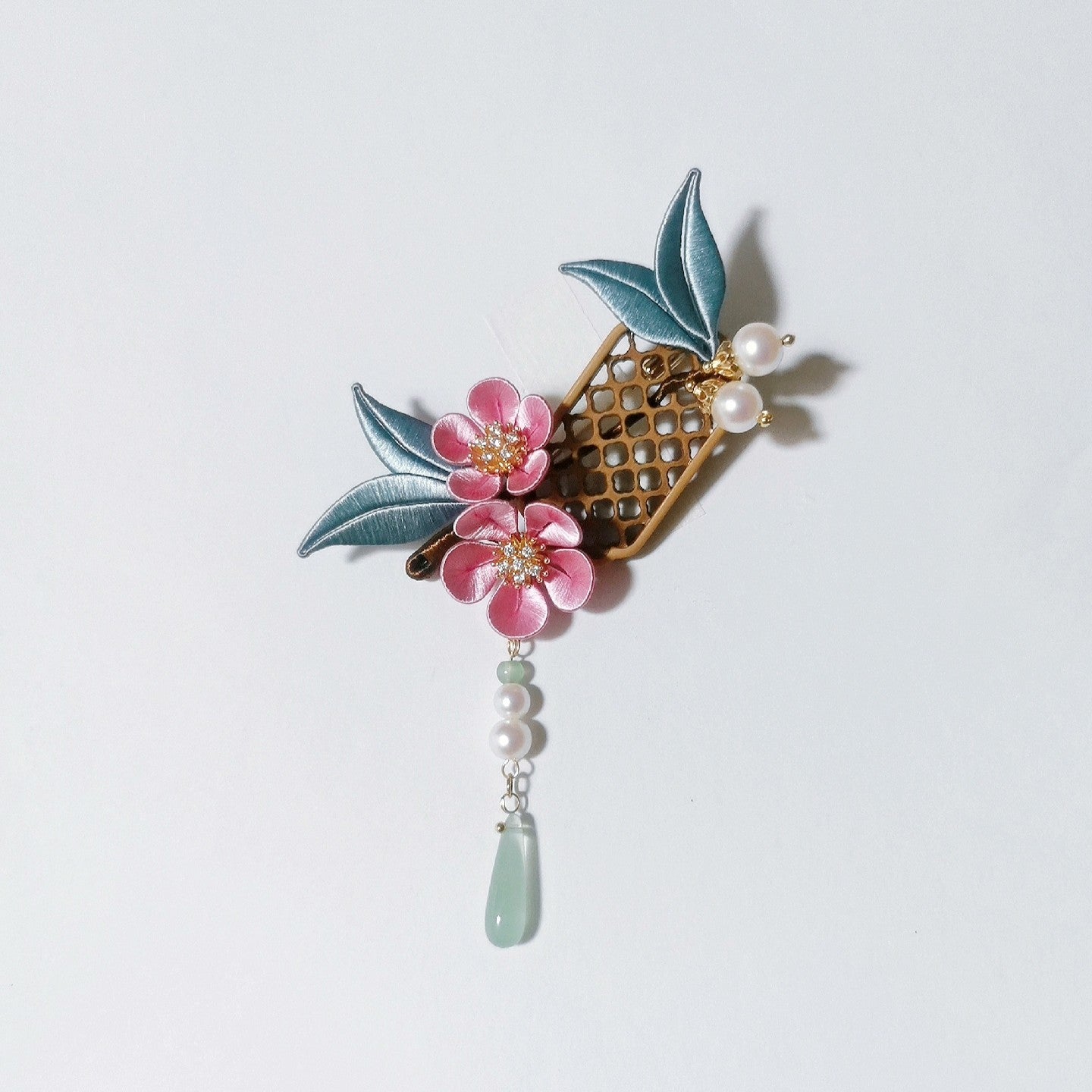 Fanghua Handmade Chanhua Flower Hair Clip - Teal Leaves with Pearl & Stone Drop