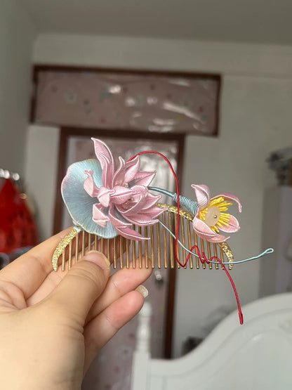 Handmade Chanhua lotus hair comb with pink and yellow flowers-6
