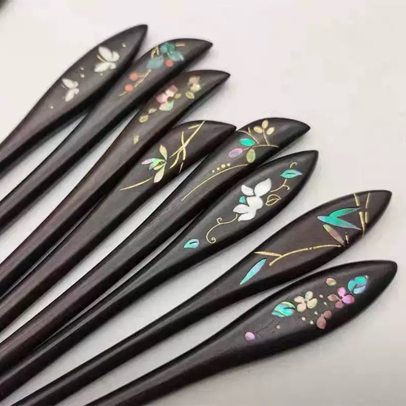 Handmade Mother-of-Pearl Inlay African Blackwood Hair Sticks | Natural Shell Inlay Hairpins