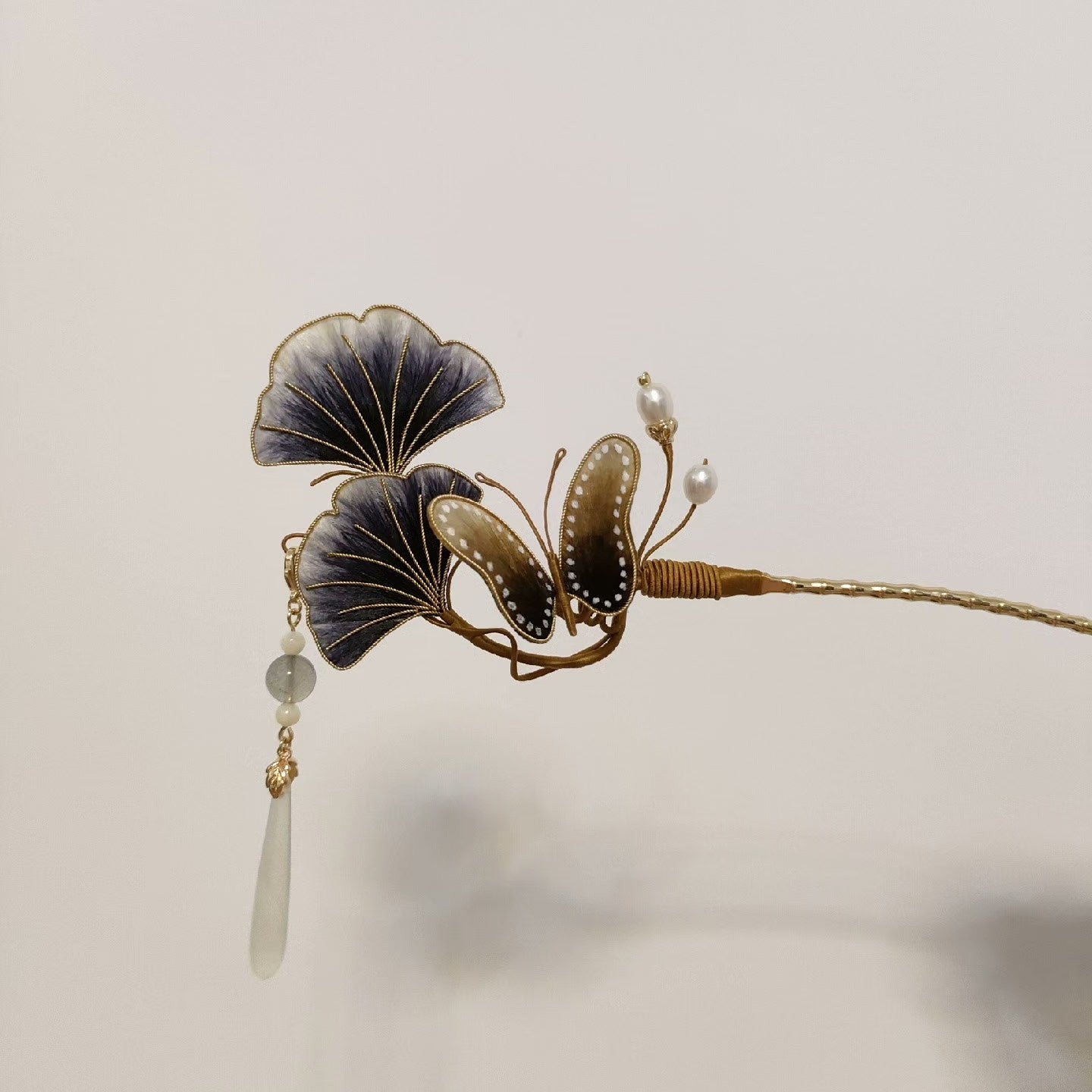 Handmade Ronghua Silk Velvet Ginkgo Leaf and Butterfly Hairpin