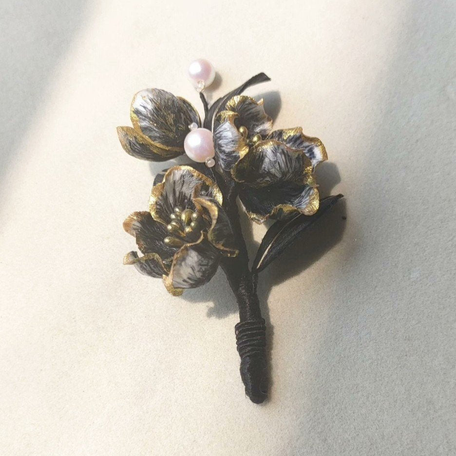 Fermaglio Ronghua Fatto a Mano Nero e Oro - Accessorio Artigianale per Capelli in Seta Floreale
