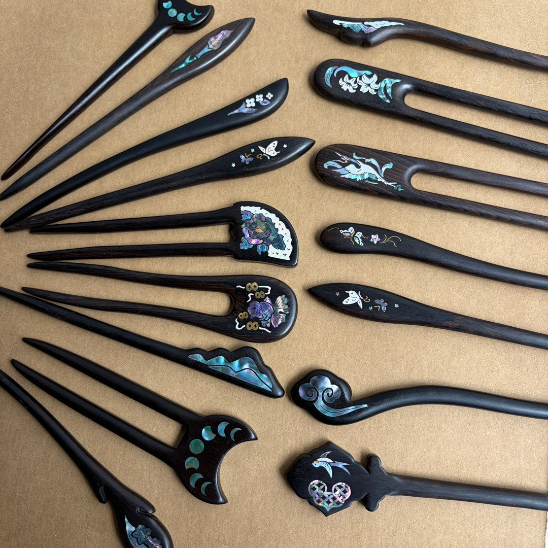 Handmade Mother-of-Pearl Inlay African Blackwood Hair Sticks | Natural Shell Inlay Hairpins