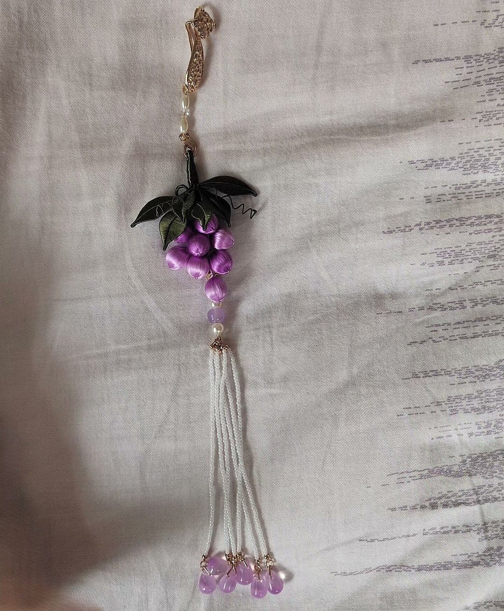 Handcrafted Chanhua thread-wrapped purple grape pendant with green leaves and a long white beaded tassel ornament.