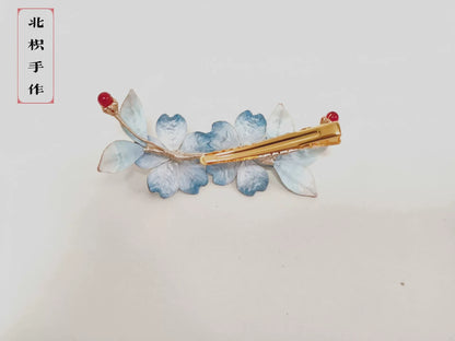 Handmade Ronghua Blue Hair Clip - Luxurious Silk Floral Hair Accessory