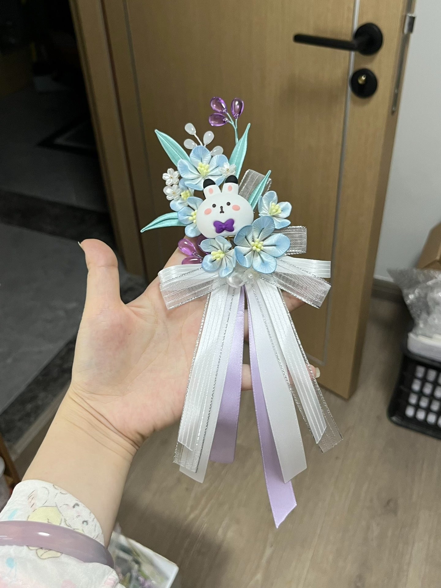 Handmade Chanhua - decorated graduation cap with a cute bunny and floral elements-6