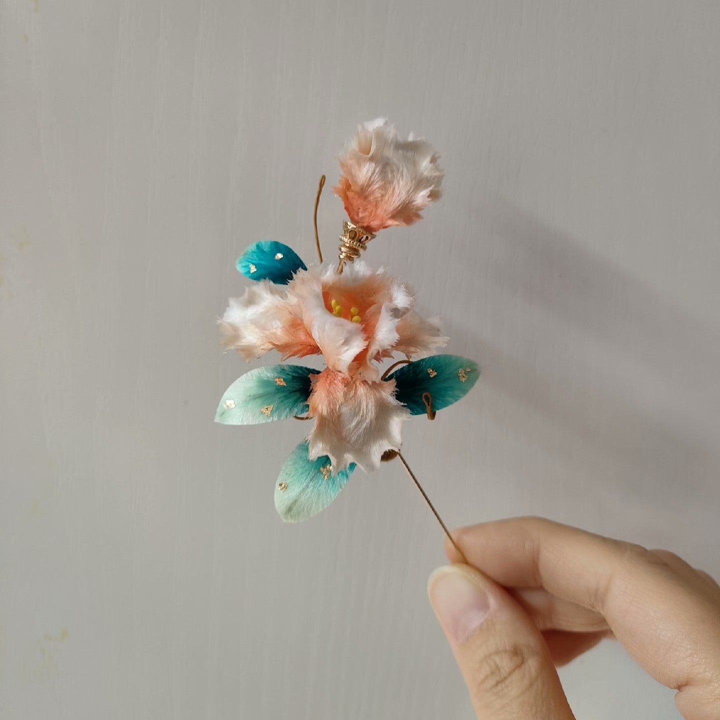 Handmade Ronghua Iris Brooch - Pink & Teal with Gold Detail