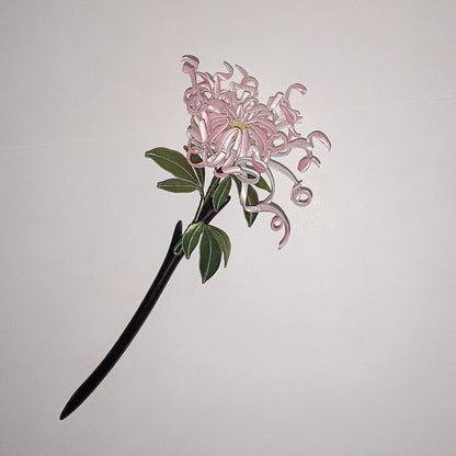 Handcrafted Chanhua thread-wrapped hairpin featuring a large pink chrysanthemum with intricate curled petals and green leaves on a white background.