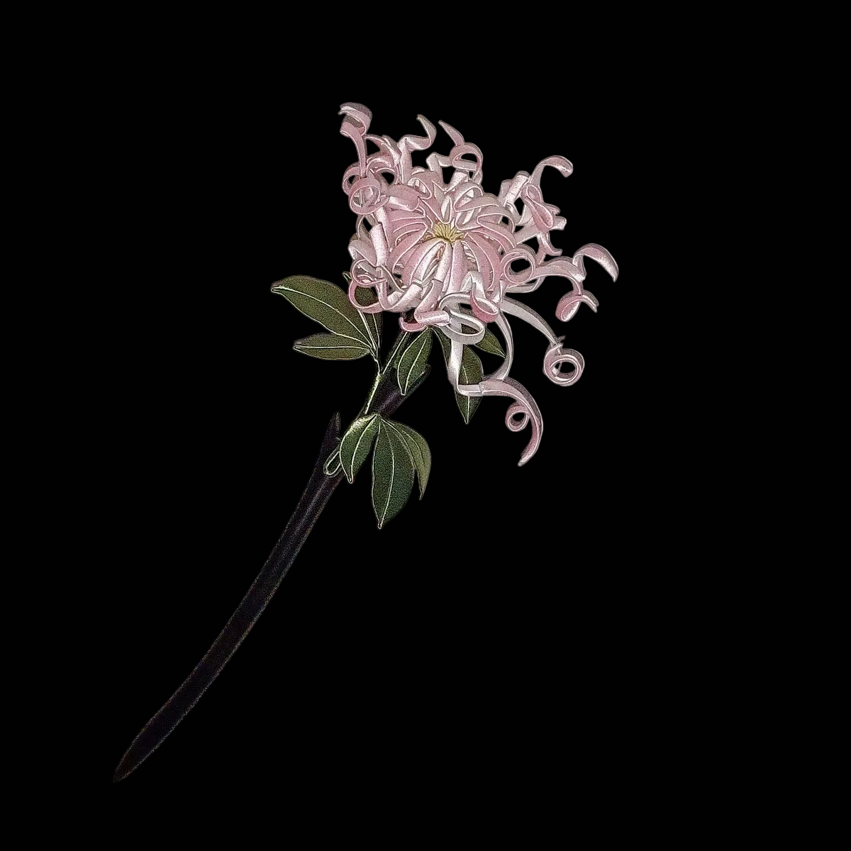 Handcrafted Chanhua thread-wrapped hairpin featuring a large pink chrysanthemum with intricate curled petals and green leaves