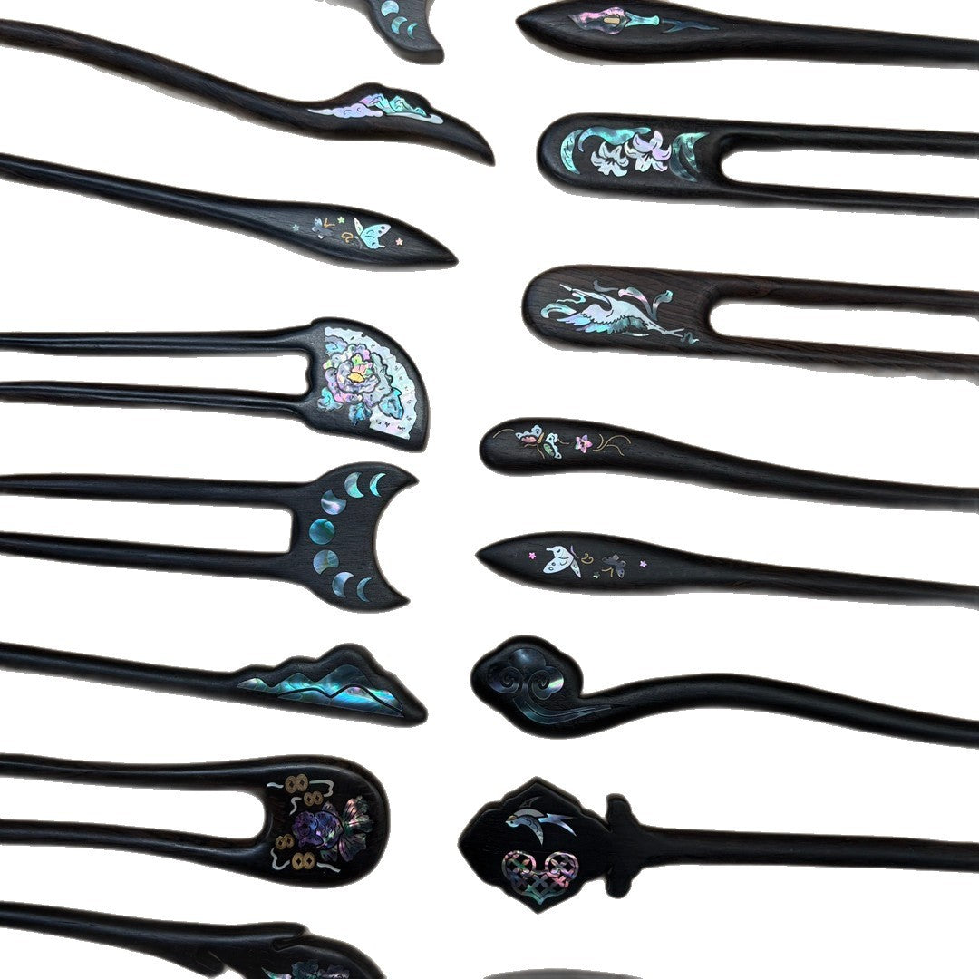 Handmade Mother-of-Pearl Inlay African Blackwood Hair Sticks | Natural Shell Inlay Hairpins