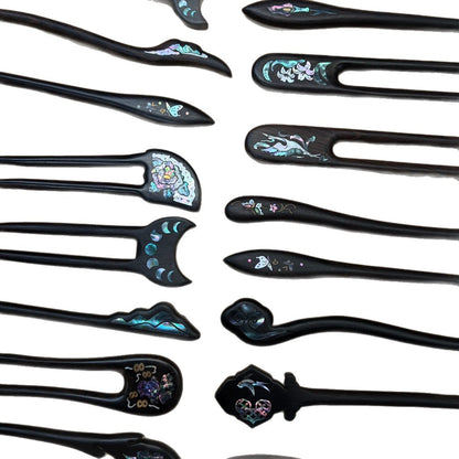 Handmade Mother-of-Pearl Inlay African Blackwood Hair Sticks | Natural Shell Inlay Hairpins