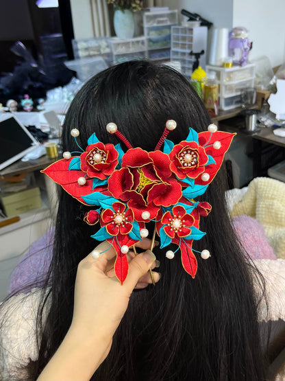 A handmade Chanhua big butterfly hairpin with red flowers, blue leaves and white pearls-2